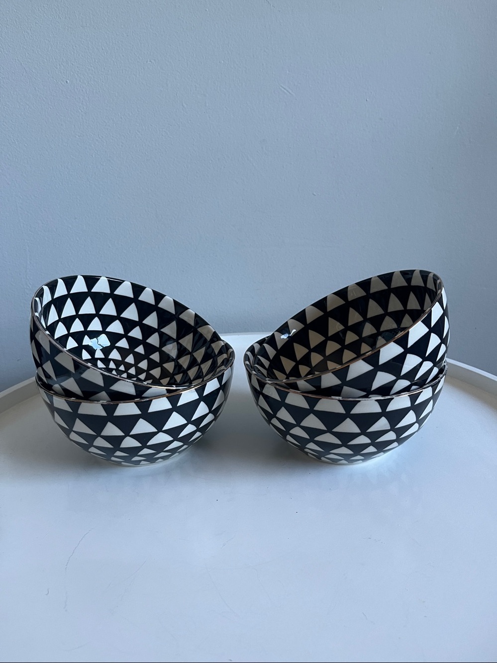Set of 4 Thyme & Table Stoneware Bowls Black White Geometric Pattern Soup Cereal